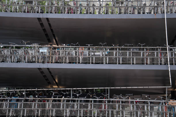 Bicycles parked in rows at train and metro station Duivendrecht near Amsterdam in the Netherlands