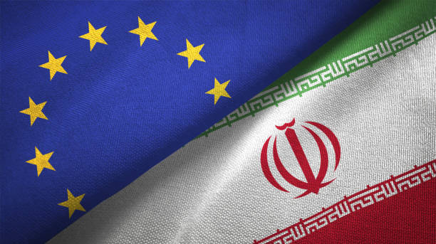 istock Iran and European Union two flags together realations textile cloth fabric texture 1089920360