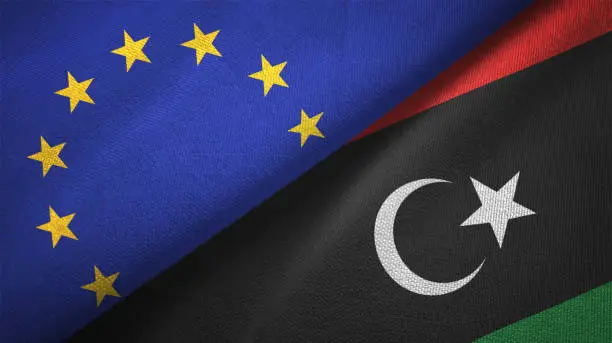 Photo of Libya and European Union two flags together realations textile cloth fabric texture