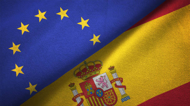istock Spain and European Union two flags together realations textile cloth fabric texture 1089920884