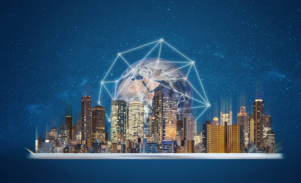 istock Digital tablet with building hologram and global network connection technology. Element of this image are furnished by NASA 1089924372