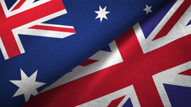 영국 및 호주 두 플래그 함께 realations 섬유 옷감 직물 질감 - australian flag flag australia horizontal 뉴스 사진 이미지