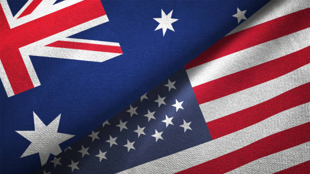 stati uniti e australia due bandiere insieme realizzano texture tessuto tessuto - australian flag foto e immagini stock