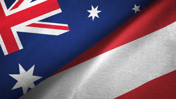 istock Austria and Australia two flags together realations textile cloth fabric texture 1089925850
