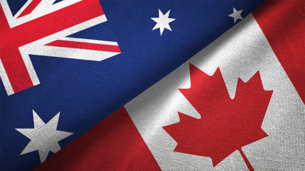 istock Canada and Australia two flags together realations textile cloth fabric texture 1089925934