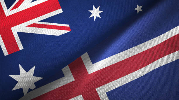 istock Iceland and Australia two flags together realations textile cloth fabric texture 1089926164