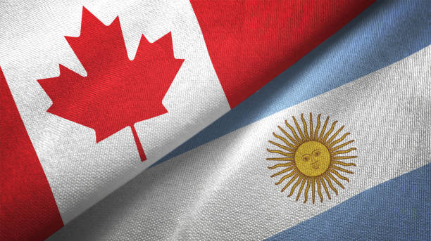 istock Argentina and Canada two flags together realations textile cloth fabric texture 1089929790