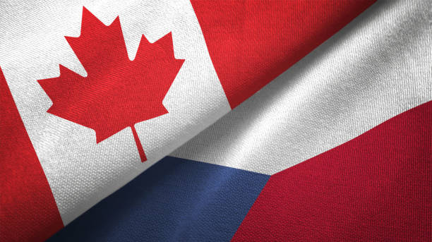istock Czech Republic and Canada two flags together realations textile cloth fabric texture 1089930032