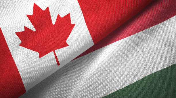 istock Hungary and Canada two flags together realations textile cloth fabric texture 1089930242