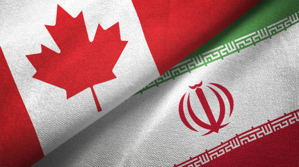 irán y canadá dos banderas juntos relaciones textil tela textura de la tela - iranian flag fotografías e imágenes de stock