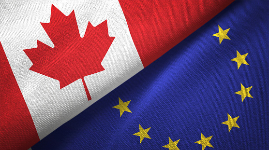 European Union and Canada flag together realtions textile cloth fabric texture