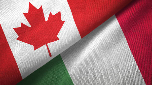 istock Italy and Canada two flags together realations textile cloth fabric texture 1089930320