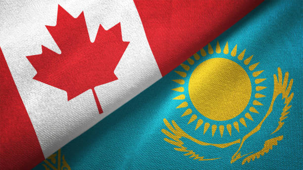 istock Kazakhstan and Canada two flags together realations textile cloth fabric texture 1089930368