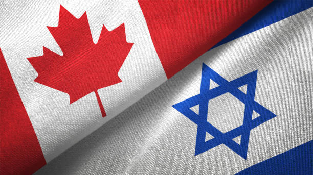 istock Israel and Canada two flags together realations textile cloth fabric texture 1089930376