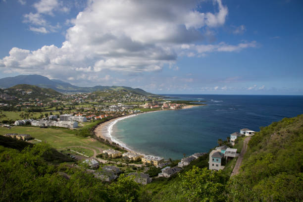 View from Timothy Hill in St. Kitts Looking towards the Marriott Resort in St. Kitts frigate stock pictures, royalty-free photos & images