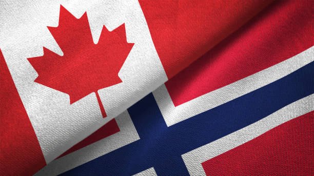 istock Norway and Canada two flags together realations textile cloth fabric texture 1089930686