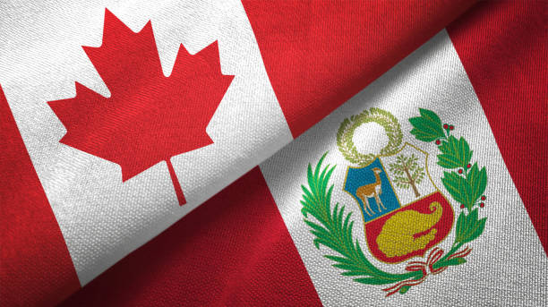 istock Peru and Canada two flags together realations textile cloth fabric texture 1089930718