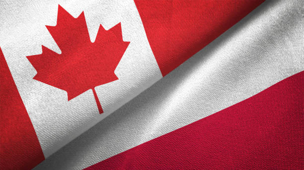 istock Poland and Canada two flags together realations textile cloth fabric texture 1089930734