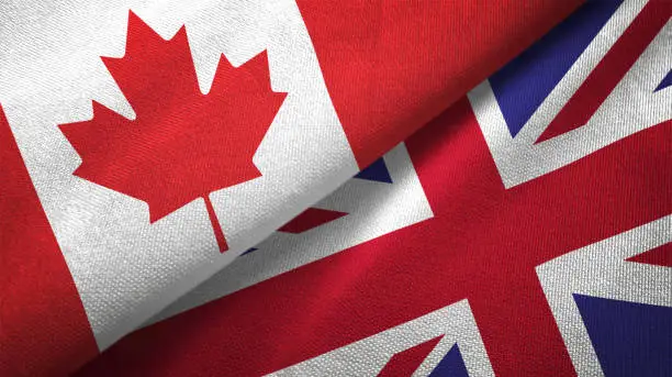 Photo of United Kingdom and Canada two flags together realations textile cloth fabric texture