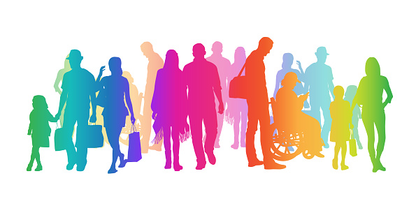 Large and colourful crowd of silhouette people walking