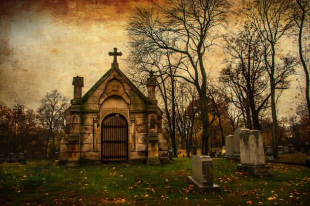 vintage gruft in einem alten friedhof - gothic style horror cemetery spooky stock-fotos und bilder