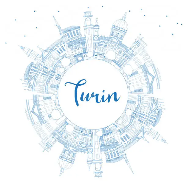Vector illustration of Outline Turin Italy City Skyline with Blue Buildings and Copy Space.