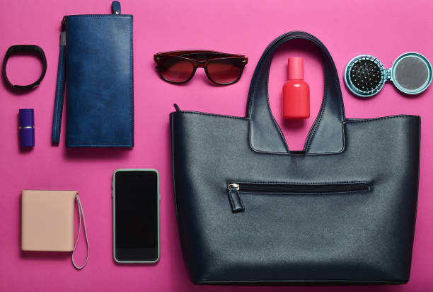 istock Woman's fashionable accessories and gadgets, top view, flat lay. 1089974982