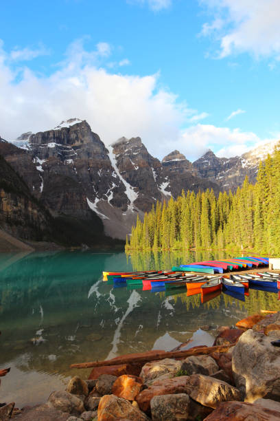 canots de lac moraine dans le parc national banff, alberta - vertical scenics ice canada photos et images de collection