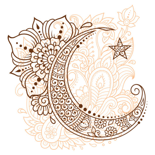 illustrations, cliparts, dessins animés et icônes de religieux islamique symbole de l’étoile et le croissant avec fleur en style mehndi. panneau décoratif pour fabrication et tatouages. oriental musulman signifiant. - signifier