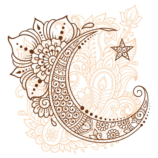 illustrazioni stock, clip art, cartoni animati e icone di tendenza di simbolo islamico religioso della stella e della mezzaluna con fiore in stile mehndi. segno decorativo per la realizzazione e i tatuaggi. significante musulmano orientale. - signifier