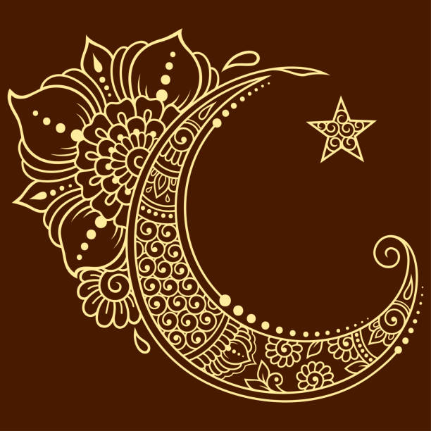 illustrations, cliparts, dessins animés et icônes de religieux islamique symbole de l’étoile et le croissant avec fleur en style mehndi. panneau décoratif pour fabrication et tatouages. oriental musulman signifiant. - signifier