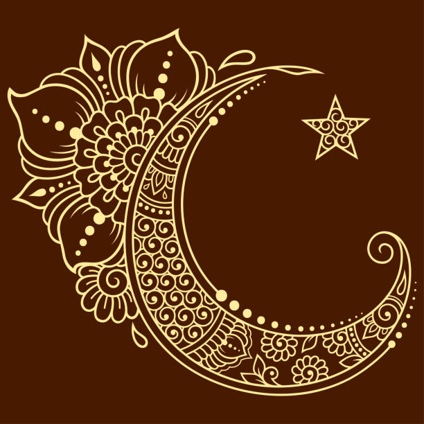 illustrazioni stock, clip art, cartoni animati e icone di tendenza di simbolo islamico religioso della stella e della mezzaluna con fiore in stile mehndi. segno decorativo per la realizzazione e i tatuaggi. significante musulmano orientale. - signifier