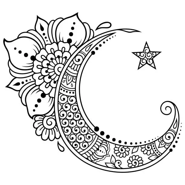 Vector illustration of Religious Islamic symbol of the Star and the Crescent with flower in mehndi style. Decorative sign for making and tattoos. Eastern Muslim signifier.