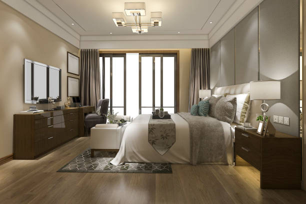 istock 3d rendering beautiful luxury bedroom suite in hotel with tv 1089980368