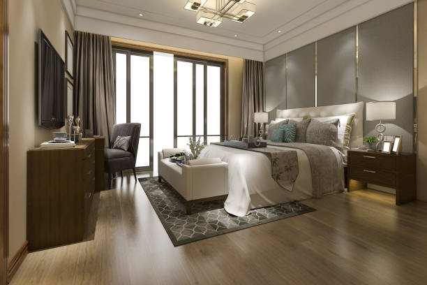 istock 3d rendering beautiful luxury bedroom suite in hotel with tv 1089980374