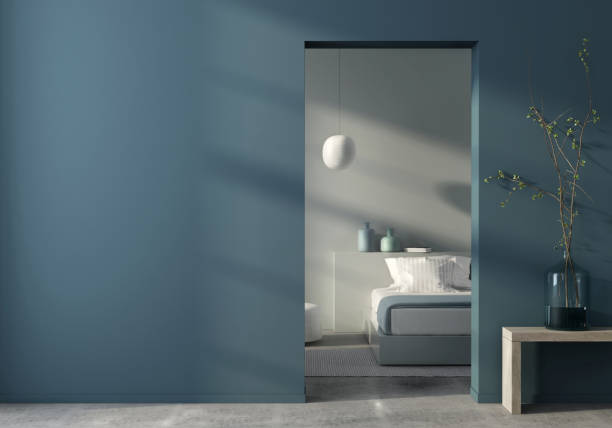 modern bedroom interior and blue wall - showcase interior inside of domestic room indoors imagens e fotografias de stock