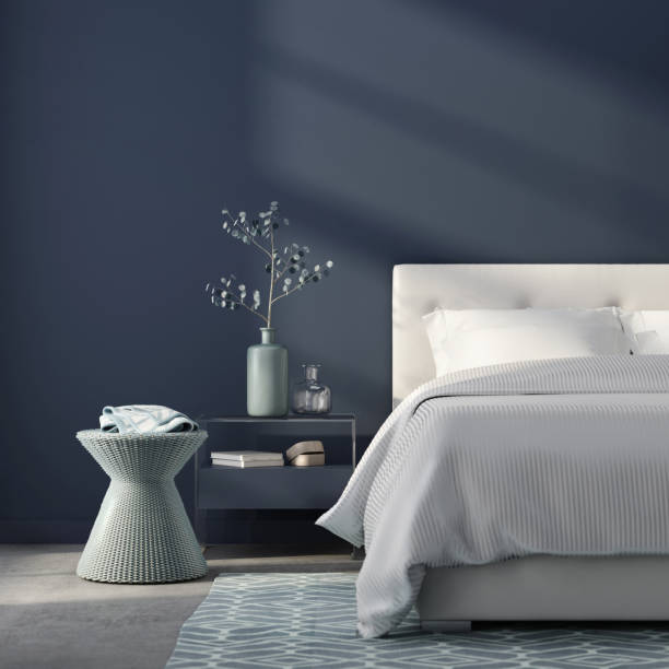 monochrome bedroom in blue - showcase interior inside of domestic room indoors imagens e fotografias de stock