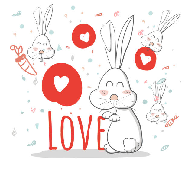 шаблон, милый мультфильм, кролик, любовь, творческая рука обращается карта счастливый день валентина, милый мультфильм, кролик, поздравител - cherry valentine stock illustrations