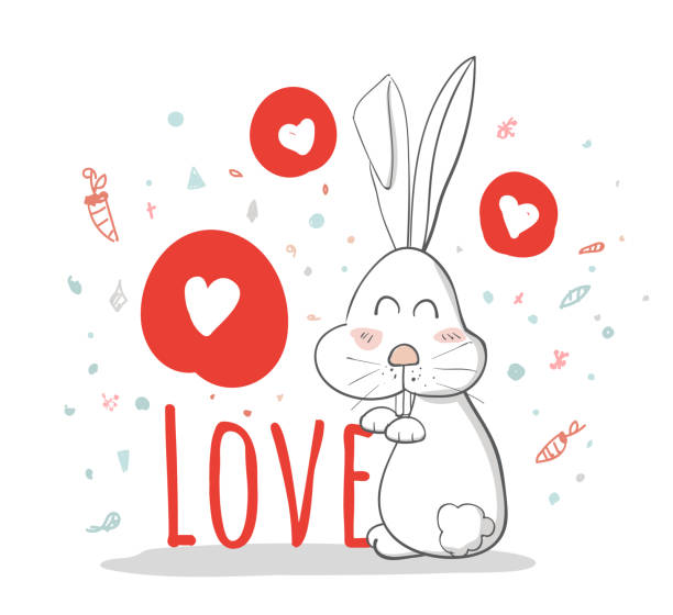 милый мультфильм, кролик, любовь, творческая рука обращается карта счастливый день валентина, милый мультфильм, кролик, поздравительная от� - cherry valentine stock illustrations
