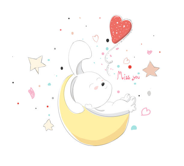 милый маленький кролик мультфильм, любовь, творческая рука обращается карта с днем святого валентина, милый мультфильм, кролик, поздравите� - cherry valentine stock illustrations