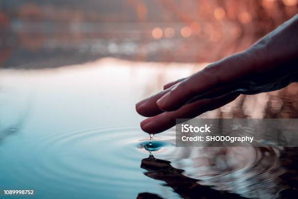Finger Touches Surface Of Mountain Lake Hand Reflection Stock Photo - Download Image Now