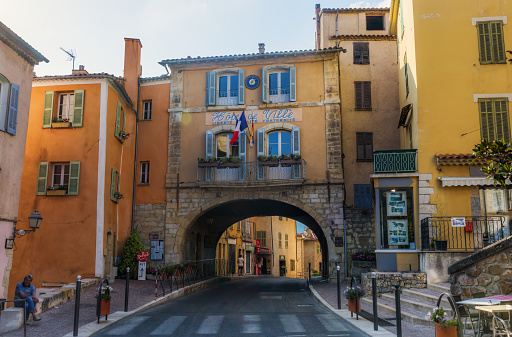 Fayence, France - July 29, 2016: street view in Fayence with unidentified people. Fayence is a commune in the Var department in the Provence-Alpes-Cote d Azur region in southeastern France