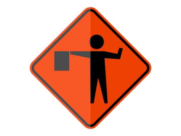 flagger の孤立した道路標識は先にオレンジ色の丸い四角い板フラット ベクトル設計書類様式です。 - left handed点のイラスト素材／クリップアート素材／マンガ素材／アイコン素材