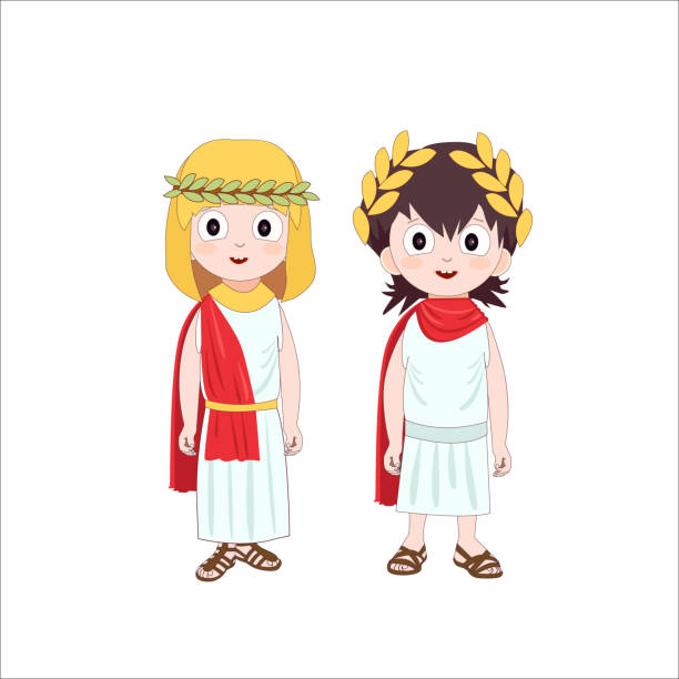 illustrazioni stock, clip art, cartoni animati e icone di tendenza di antichi personaggi dei cartoni animati di roma di ragazzo e ragazza che indossano costumi tradizionali. illustrazione vettoriale. - ancient rome text latin script roman