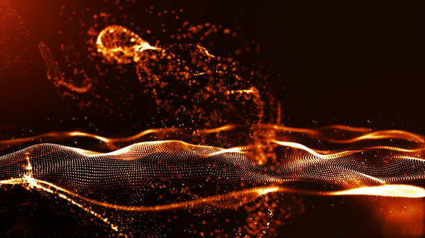 istock Abstract gold color digital particles wave with dust and light background 1090010400