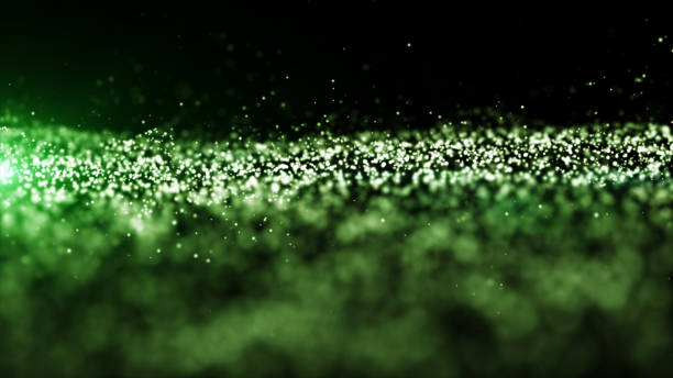 istock Abstract green color digital particles wave with dust and light background 1090010568