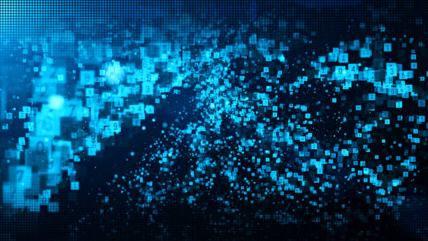 istock Abstract blue color digital particles wave with dust and numbers background 1090010634