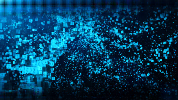istock Abstract blue color digital particles wave with dust and numbers background 1090010648