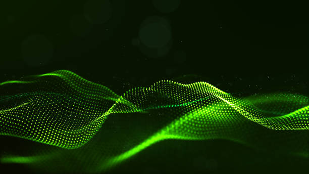 istock Abstract green color digital particles wave with dust and light background 1090011348