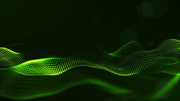 istock Abstract green color digital particles wave with dust and light background 1090011354